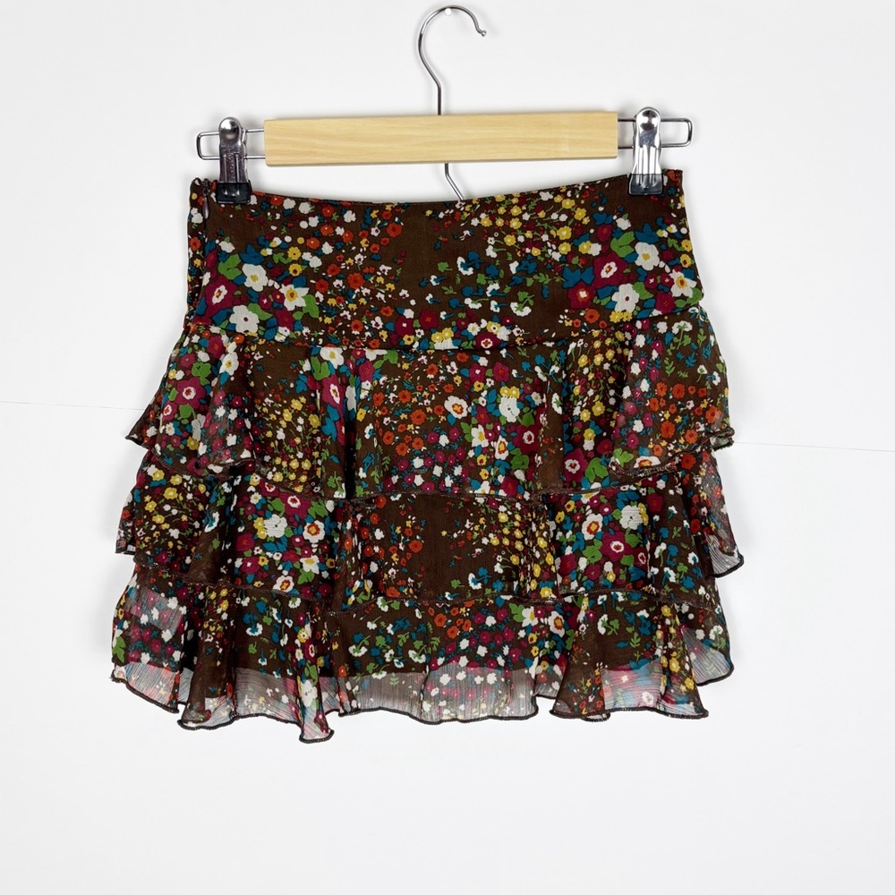 Xhilaration Mini Skirt Floral Ruffle Tiered Brown Size XS - Picture 2 of 5